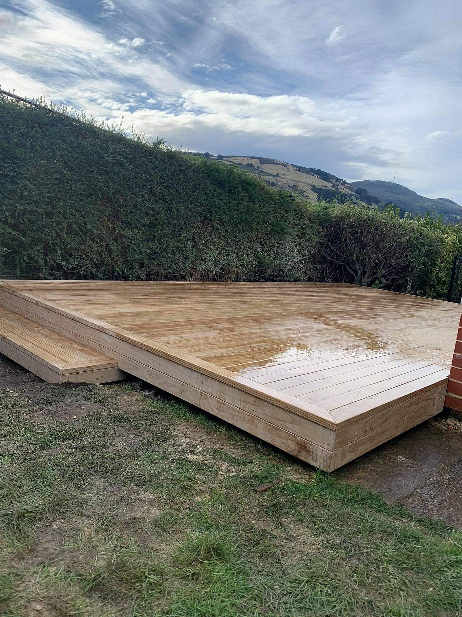 Newly built timber deck platform on a rural site